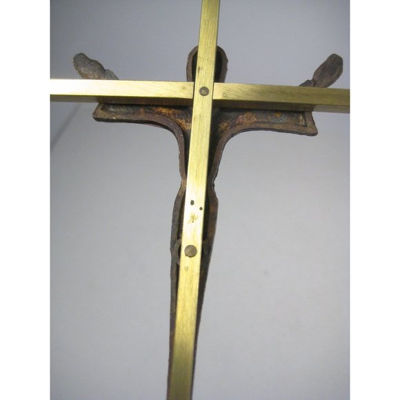 Vintage Bronze Metal Thin Crucifix Robed Jesus Wall Decor Hanging Brass 10 inch - Picture 10 of 14